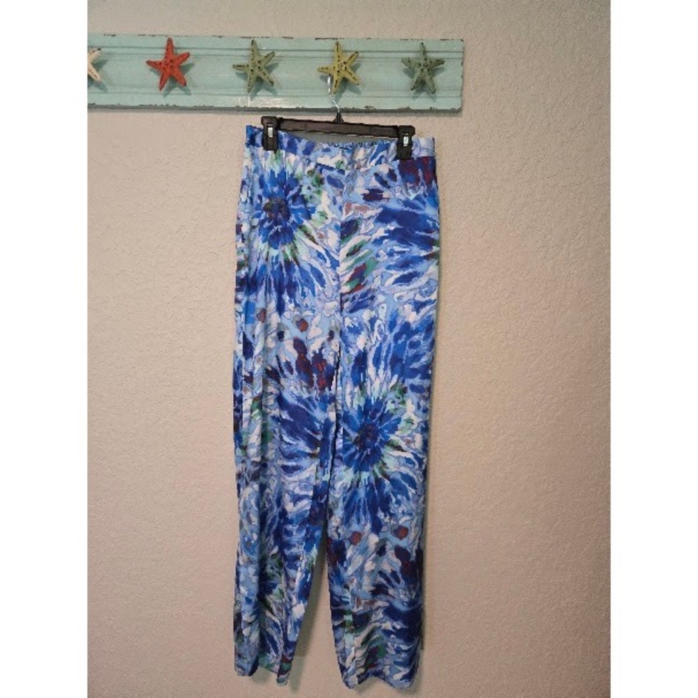 Zara Floral Print Wide Leg Trousers Blue White High Waist Pants Large L